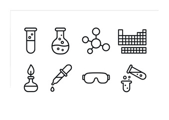 Chemistry and science outline icons set – linear style laboratory, experiment, and research symbols for educational projects: test tube, flask, molecule, periodic table, burner, pipette, goggles,