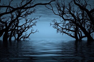 Silhouette trees frame a dark, flooded landscape.