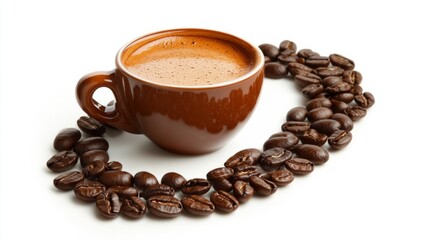 Espresso cup with crema, coffee beans forming a path to the cup, isolated on white generative ai