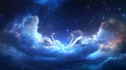 Obraz premium Elegant swans soaring in a dreamy celestial landscape