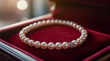 Elegant Pearl Necklace Resting in Luxurious Red Velvet Jewelry Box