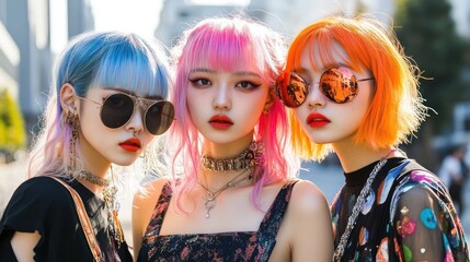 Obraz premium Stylish young women with vibrant hair and trendy accessories