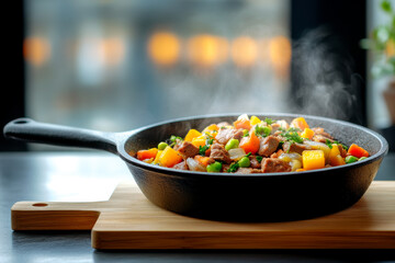 A steaming skillet of cooked vegetables and meat sits on a wooden board, showcasing a hearty, colorful meal in a cozy kitchen setting.