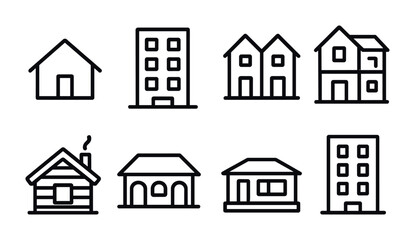 Home architecture outline icons set – linear style for real estate, construction, and urban development: house, apartment, cabin, villa, townhouse, skyscraper, bungalow, condo.