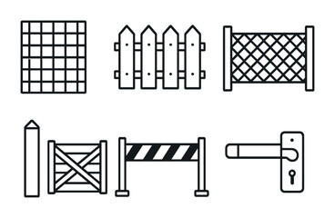 Fence and barrier line icons set – outline style security and protection symbols for construction: chain-link, picket fence, gate, barrier, door handle, posts, security.