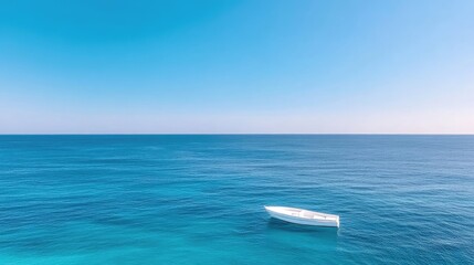 Small Boat Calm Ocean Serene Minimalist Style High Definition Wide Angle Shot Peaceful Drifting Azure Seascape Vibrant Blue Travel Brochure with additional context for stock use