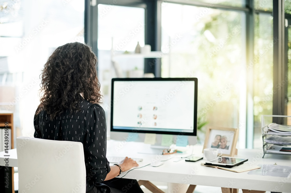 Poster Office, woman and web designer with screen for computer, company layout and software update by flare. Back, business person and digital developer with desktop for research trends, app and seo upgrade