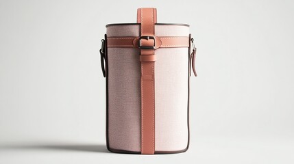 Pale pink canvas bucket bag with brown leather accents and shoulder strap.