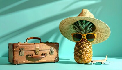 Fun travel-themed setup with a pineapple in sunglasses wearing a straw hat, a miniature plane, and a retro suitcase