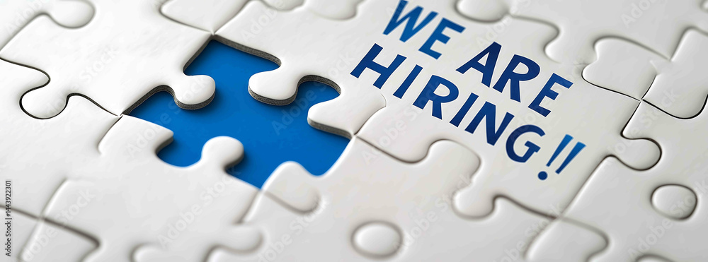 Fototapete a white puzzle with one blue piece with the text we are hiring on the white background the concept o