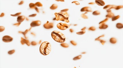 Obraz premium Falling coffee beans captured in great detail, floating sensation, generative ai