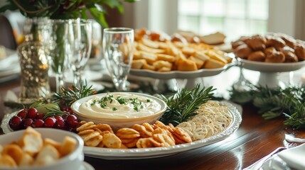 Festive appetizer spread with dips, crackers, and grapes.