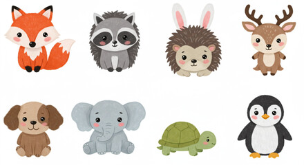 Obraz premium Kawaii Cute Cartoon Animals – Pastel Illustration of Adorable Plush Characters for Kids and Nursery Décor