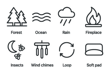 Nature and relaxation outline icon pack – linear style relaxation, tranquility, and outdoor symbols for wellness: forest, ocean, rain, fireplace, insects, wind chimes, loop, soft pad.