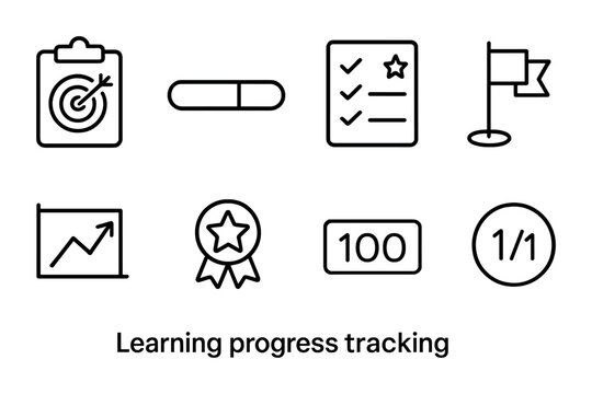 Learning and progress tracking icons – outline style for education tools and achievement monitoring: target, checklist, flag, chart, medal, score, completion.