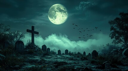 Fototapeta premium Spooky graveyard at night under a full moon