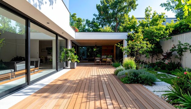 モダンな中庭と木製デッキのある家