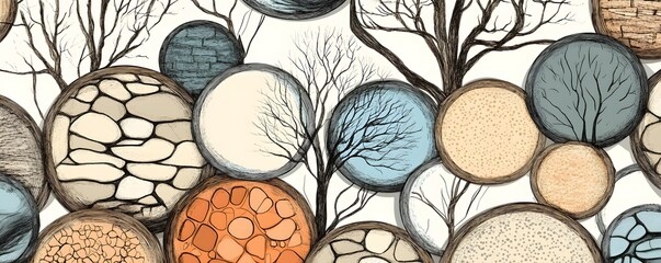 Hand-drawn architectural pattern with various textures in circles. For architectural layout and landscape design, an abstract tree top view is used