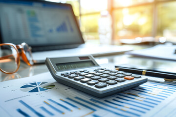 The auditor's desk displays a calculator and financial statement, highlighting the essential tools and documents used in the accounting and audit business    