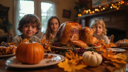 Family gathered around a Thanksgiving feast. Children eagerly anticipate the meal