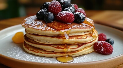 Stacked pancakes topped with fresh berries and syrup (1)
