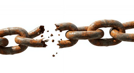 Obraz premium Corroded Broken Metal Chain Isolated on White Displaying Construction Breakdown And Degradation With High Detail Rust Texture For Symbolic Use And Promotions