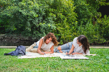 Women spreading eco-awareness through art in a lush green setting