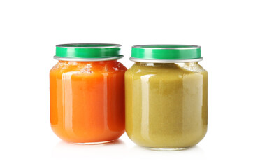 Baby food. Tasty puree in glass jars isolated on white