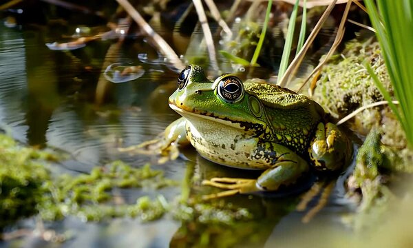 Green Frog with Yellow Markings Sitting Beside a Pond on Sunny Day With Soft Lighting