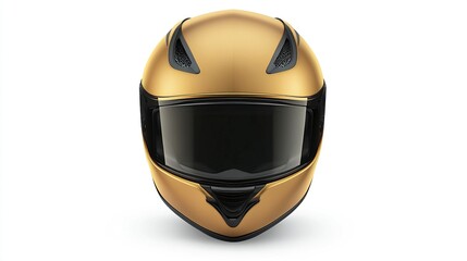Gold motorcycle helmet, front view, isolated.