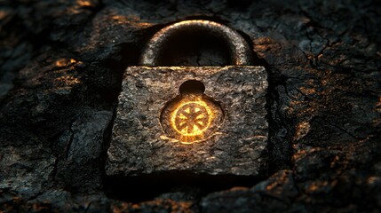 Ancient stone lock glows with inner light