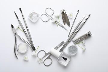 Frame of different manicure tools and flowers on white background, flat lay. Space for text
