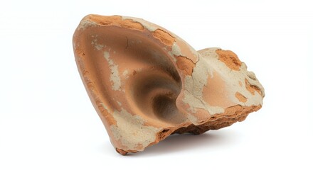Crumbling Broken Terracotta Gargoyles Ear Displaying Extensive Weathering and Damage Isolated on White Screen Background Perfect for Ads Promotion Studio Backdrop