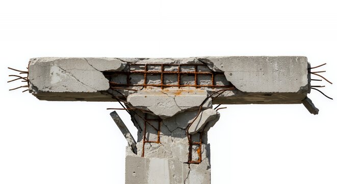 Crumbling Concrete Pillar Exhibiting Severe Structural Damage and Weathering Isolated on White Screen Background With Exposed Rebar Perfect for Ads Promotion and Illustrating Themes of Decay
