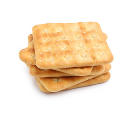 Stack of tasty salty crackers isolated on white