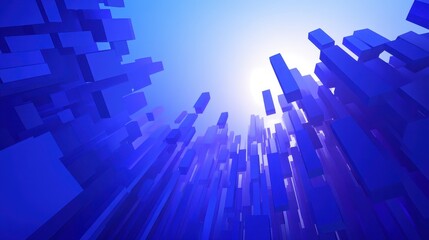 Abstract perspective of towering, blue geometric structures.