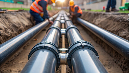 Construction workers install large pipes underground for housing development infrastructure ensuring efficient utility
