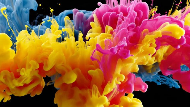 Ink Drop in Water - Ultra Slow Motion Bloom.  Ultra slow-motion 4K shot, clear water surface viewed from slightly below or level, several distinct drops of vibrant colored ink