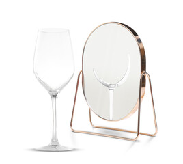 Whole glass reflecting in mirror as broken, white background. Opposite, contrast, difference