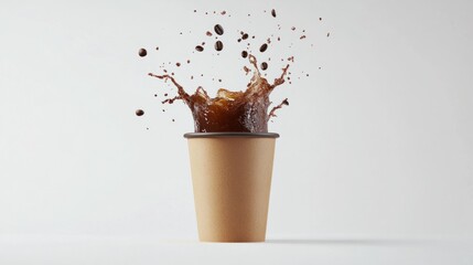 Flying paper coffee cup with dramatic espresso splash mid-air, isolated on white generative ai