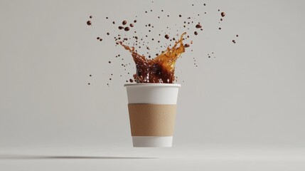 Flying paper coffee cup with dramatic espresso splash mid-air, isolated on white generative ai