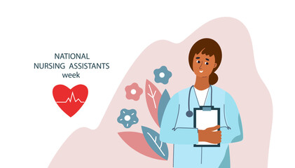 national nursing assistants week. Red heart with lifeline and medical hat illustration.  Healthcare concept celebrating essential medical workers and nurses for banner.  line art vector illustration