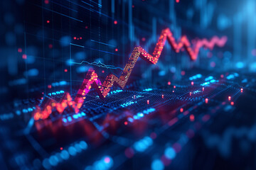 futuristic dark blue background with a digital business growth arrow up, symbolizing success and investment, is depicted in a hi-tech style, accompanied by a stock market chart and money profit, r