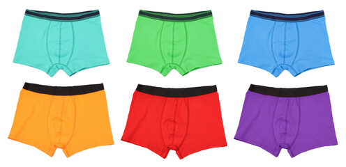 Men's underwear in different colors isolated on white, set