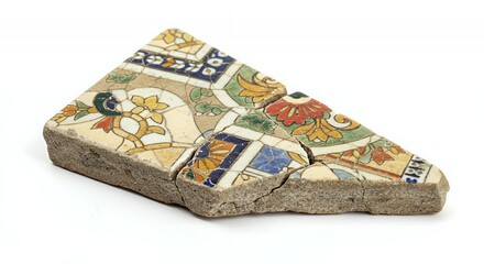 Damaged Patterned Tile Fragment Isolated on White Screen Background Displaying Weathered Mosaic With Geometric and Floral Designs Ideal For Restoration and Creative Projects In A Clean Studio Setting