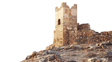 Historical Watch Tower of Ayjah Castle in Sur Oman Isolated on White Background - Professional Stock Photo