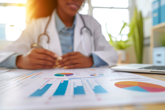 healthcare business concept involves conducting medical examinations and analyzing graph data to track growth of business    