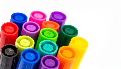 Closeup Of Colorful Pens Arranged On White Surface