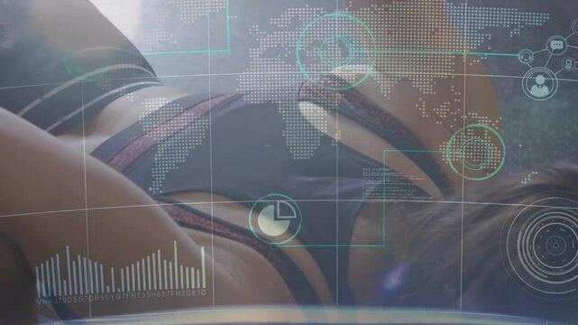 Female fitness enthusiast performing crunches on mat, showing health technology data chart overlays