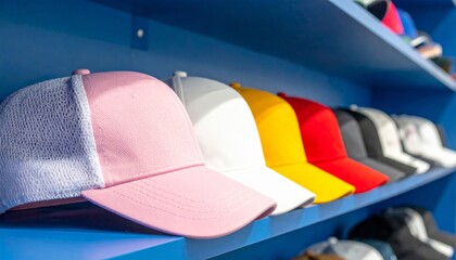 Colorful Baseball Caps Displayed On A Blue Shelf